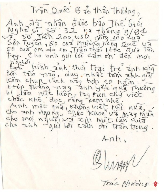 Lá thư bút tay của cố nhạc sĩ Trúc Phương.