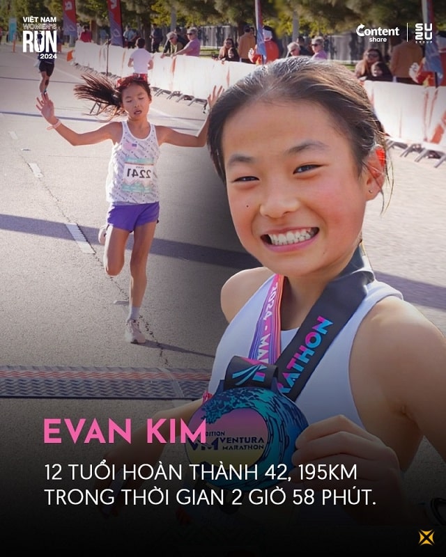 Evan Kim - 12 tuổi hoàn thành 42,195km trong thời gian 2 giờ 58 phút.